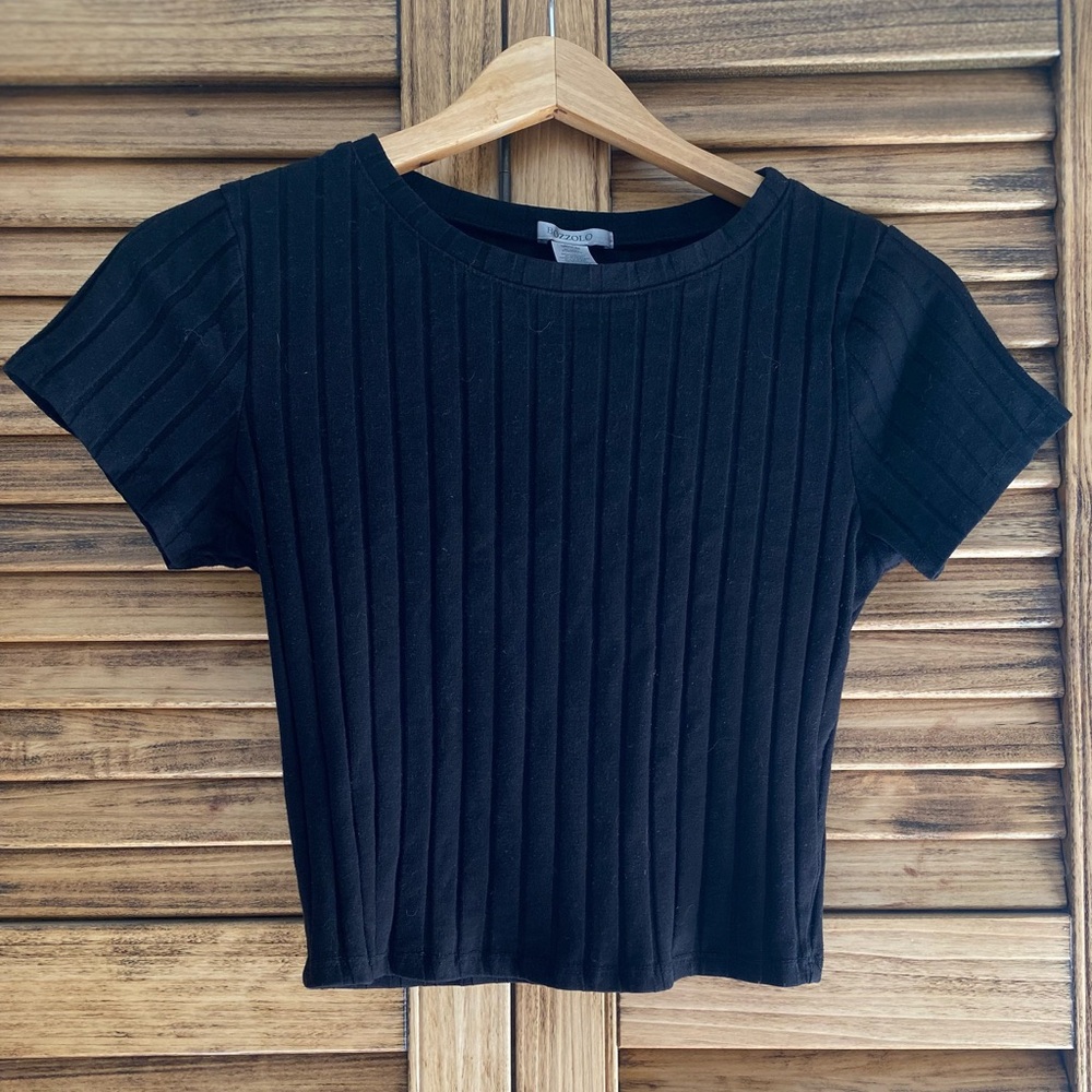 Black Ribbed Cropped Short Sleeve Top